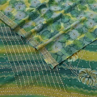Indian Vintage Sari Green Pure Crepe Silk Hand Embroidered Saree 5yd Sewing Floral Craft Sequins Dress making Crafting Quilting