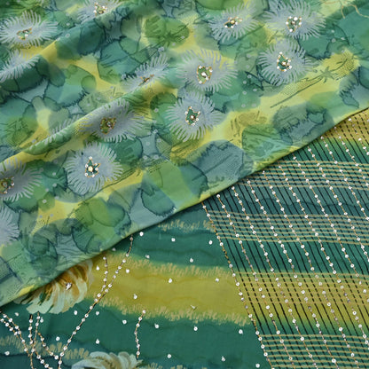 Indian Vintage Sari Green Pure Crepe Silk Hand Embroidered Saree 5yd Sewing Floral Craft Sequins Dress making Crafting Quilting