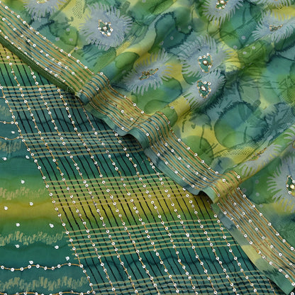 Indian Vintage Sari Green Pure Crepe Silk Hand Embroidered Saree 5yd Sewing Floral Craft Sequins Dress making Crafting Quilting