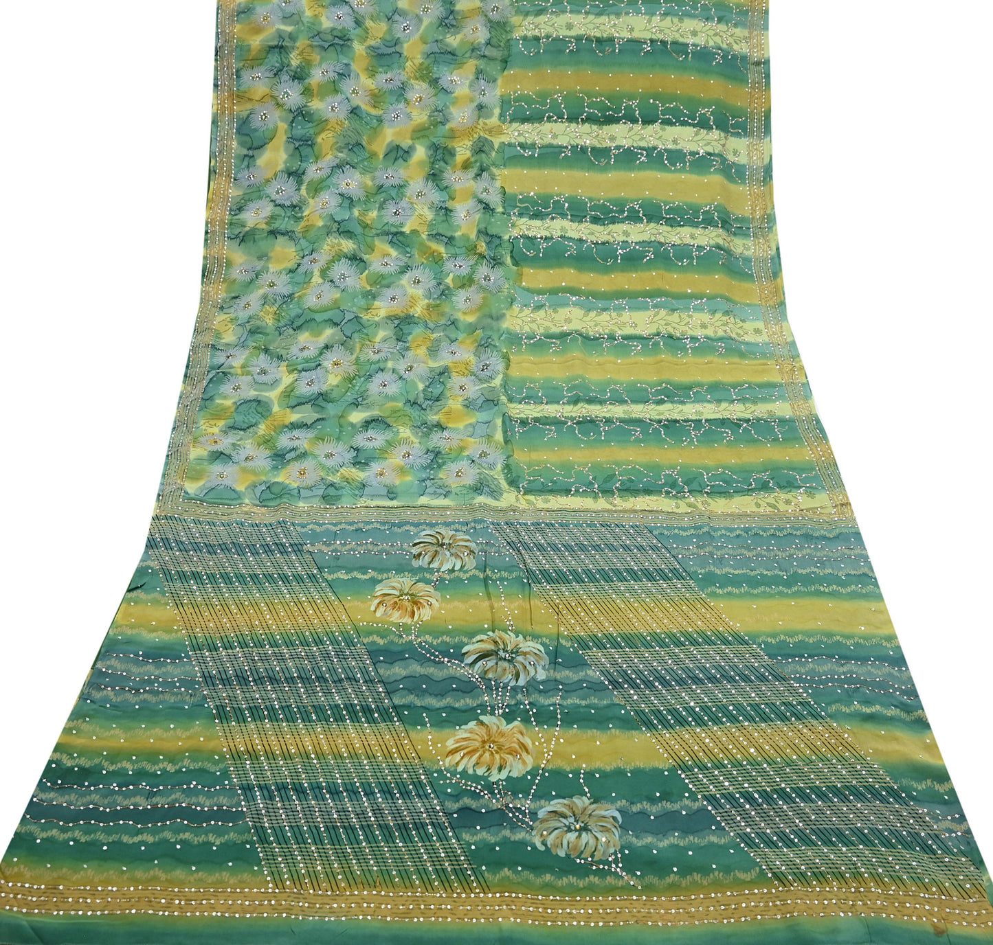 Indian Vintage Sari Green Pure Crepe Silk Hand Embroidered Saree 5yd Sewing Floral Craft Sequins Dress making Crafting Quilting