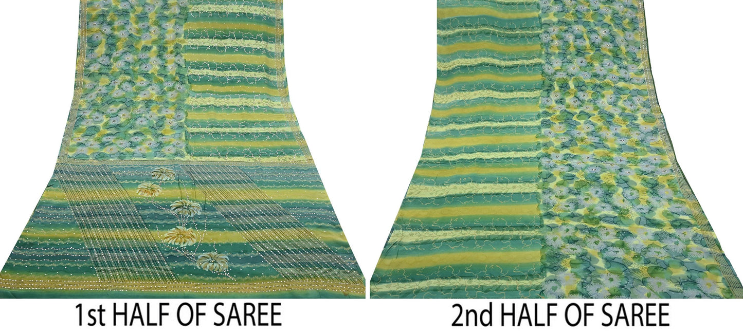 Indian Vintage Sari Green Pure Crepe Silk Hand Embroidered Saree 5yd Sewing Floral Craft Sequins Dress making Crafting Quilting