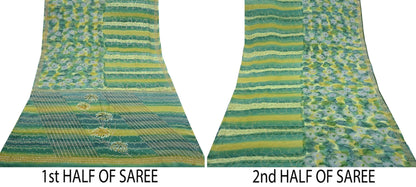 Indian Vintage Sari Green Pure Crepe Silk Hand Embroidered Saree 5yd Sewing Floral Craft Sequins Dress making Crafting Quilting