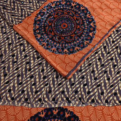 Indian Vintage Sari Brown & Orange Pure Crepe Silk Hand Embroidered Saree 5yd Sewing Floral Craft Sequins Dress making Crafting Quilting