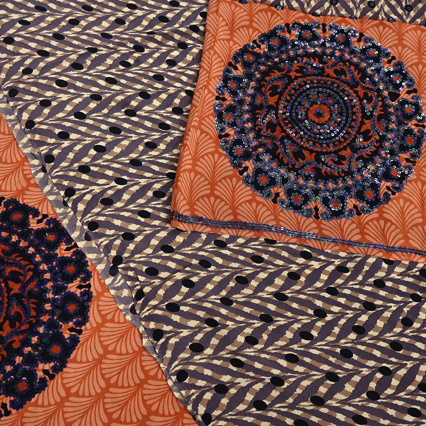 Indian Vintage Sari Brown & Orange Pure Crepe Silk Hand Embroidered Saree 5yd Sewing Floral Craft Sequins Dress making Crafting Quilting