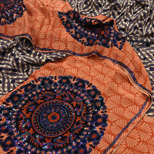 Indian Vintage Sari Brown & Orange Pure Crepe Silk Hand Embroidered Saree 5yd Sewing Floral Craft Sequins Dress making Crafting Quilting