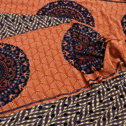 Indian Vintage Sari Brown & Orange Pure Crepe Silk Hand Embroidered Saree 5yd Sewing Floral Craft Sequins Dress making Crafting Quilting