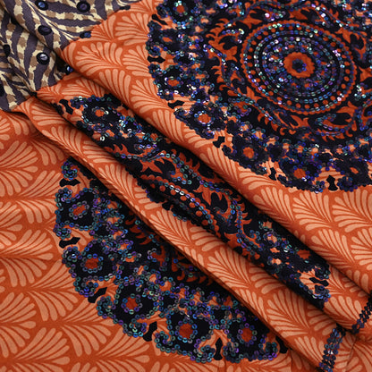 Indian Vintage Sari Brown & Orange Pure Crepe Silk Hand Embroidered Saree 5yd Sewing Floral Craft Sequins Dress making Crafting Quilting