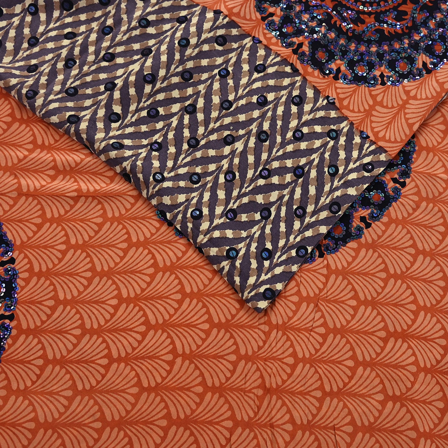 Indian Vintage Sari Brown & Orange Pure Crepe Silk Hand Embroidered Saree 5yd Sewing Floral Craft Sequins Dress making Crafting Quilting