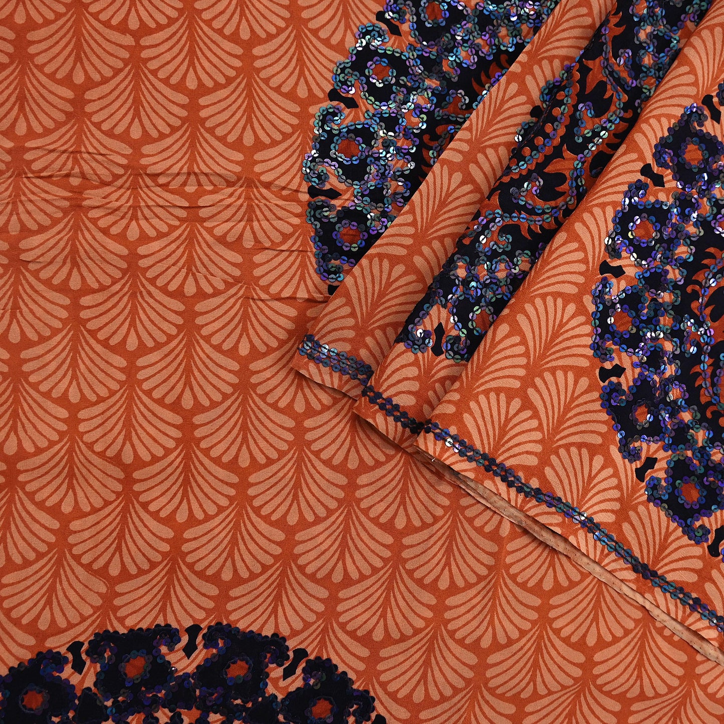 Indian Vintage Sari Brown & Orange Pure Crepe Silk Hand Embroidered Saree 5yd Sewing Floral Craft Sequins Dress making Crafting Quilting