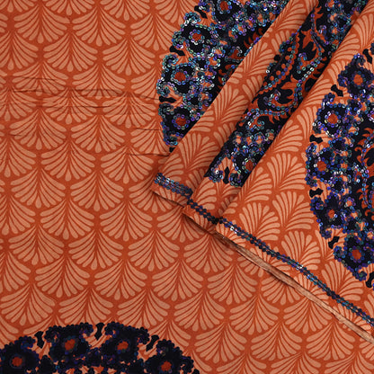 Indian Vintage Sari Brown & Orange Pure Crepe Silk Hand Embroidered Saree 5yd Sewing Floral Craft Sequins Dress making Crafting Quilting