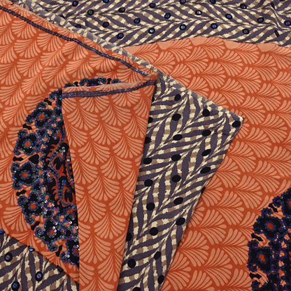 Indian Vintage Sari Brown & Orange Pure Crepe Silk Hand Embroidered Saree 5yd Sewing Floral Craft Sequins Dress making Crafting Quilting