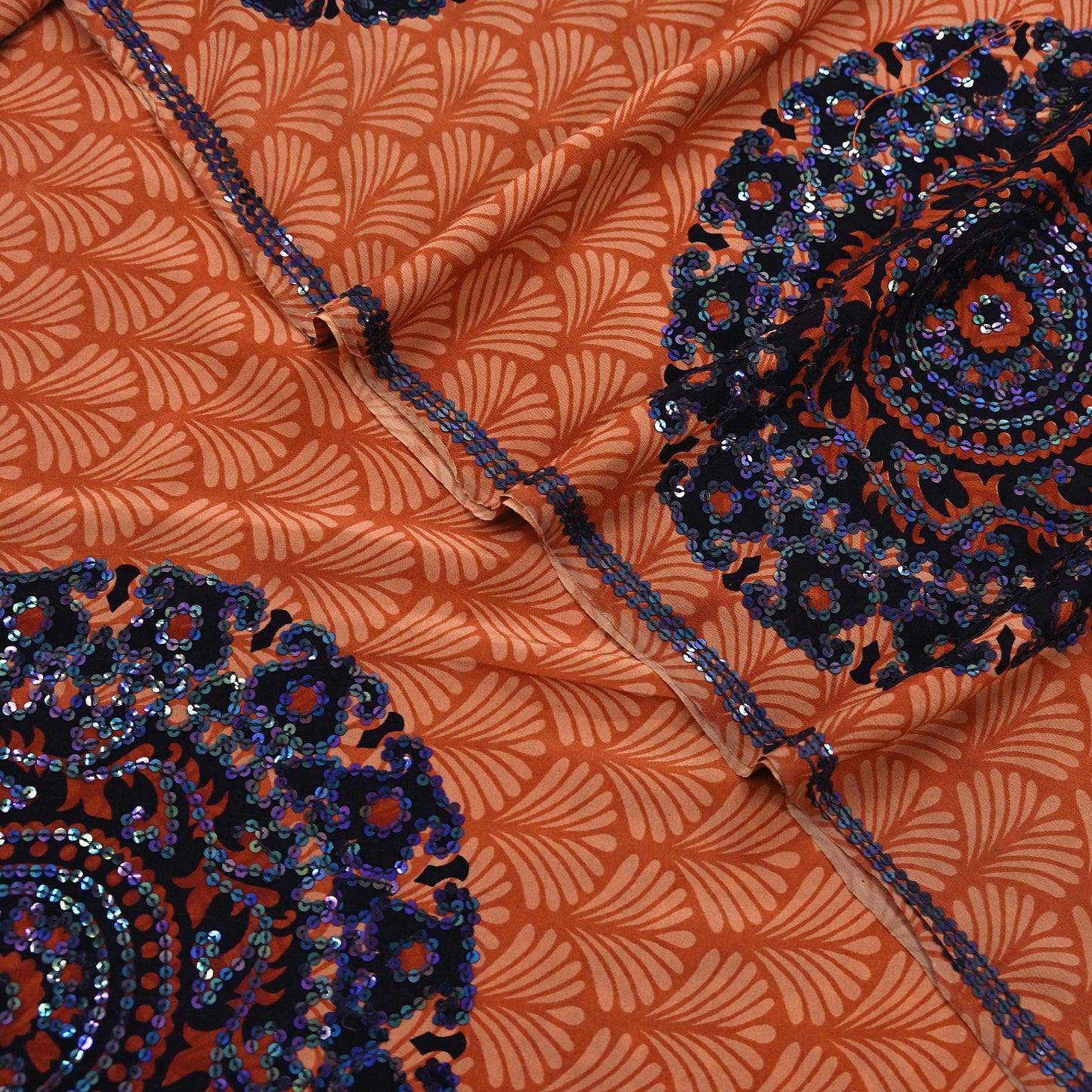 Indian Vintage Sari Brown & Orange Pure Crepe Silk Hand Embroidered Saree 5yd Sewing Floral Craft Sequins Dress making Crafting Quilting