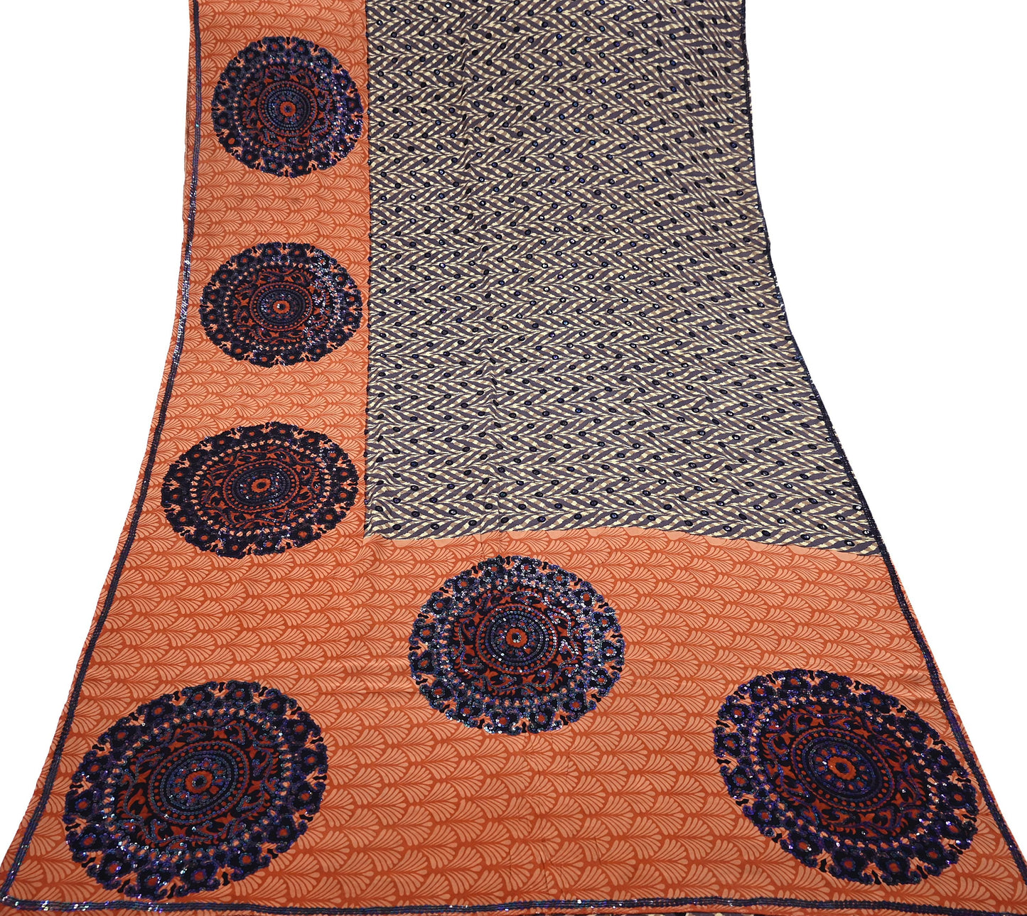 Indian Vintage Sari Brown & Orange Pure Crepe Silk Hand Embroidered Saree 5yd Sewing Floral Craft Sequins Dress making Crafting Quilting