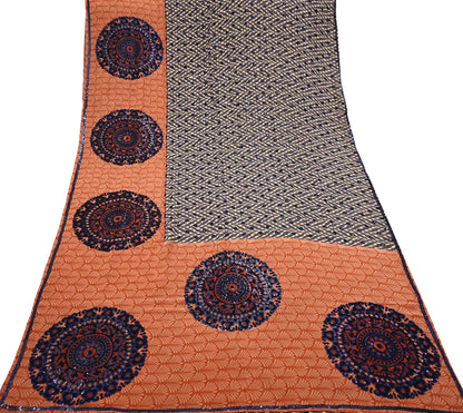 Indian Vintage Sari Brown & Orange Pure Crepe Silk Hand Embroidered Saree 5yd Sewing Floral Craft Sequins Dress making Crafting Quilting