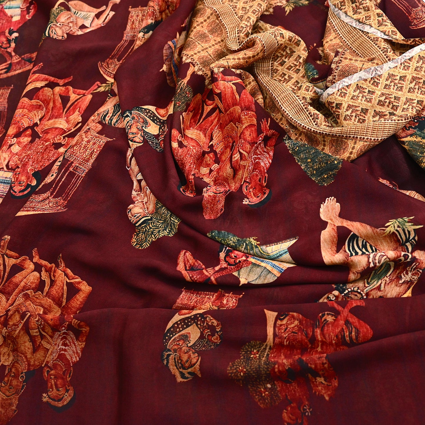 Vintage Sari Maroon Blend Georgette  Digital Printed Sarees Sewing 5yd Soft Craft Fabric Humans Crafting Dress Making Quilting Crafting Used