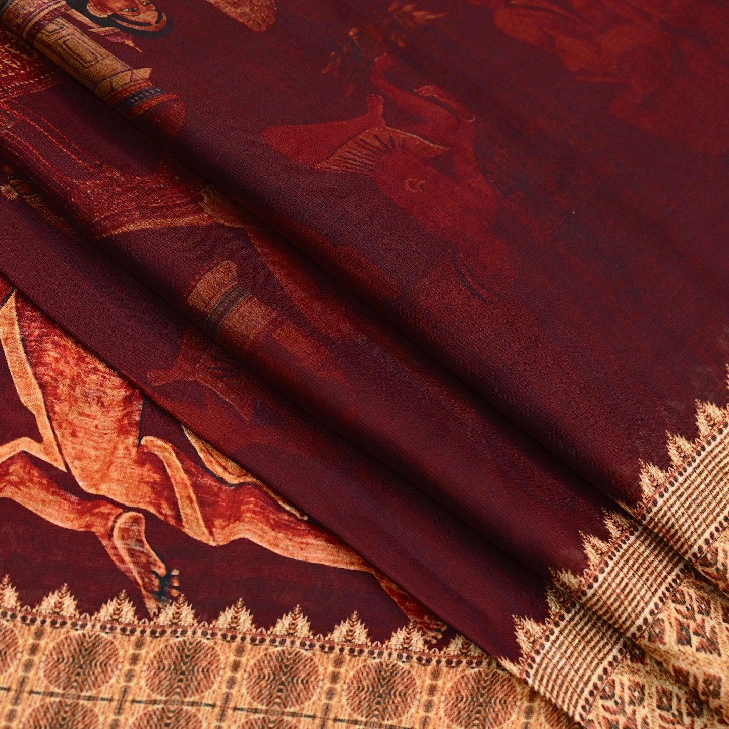 Vintage Sari Maroon Blend Georgette  Digital Printed Sarees Sewing 5yd Soft Craft Fabric Humans Crafting Dress Making Quilting Crafting Used