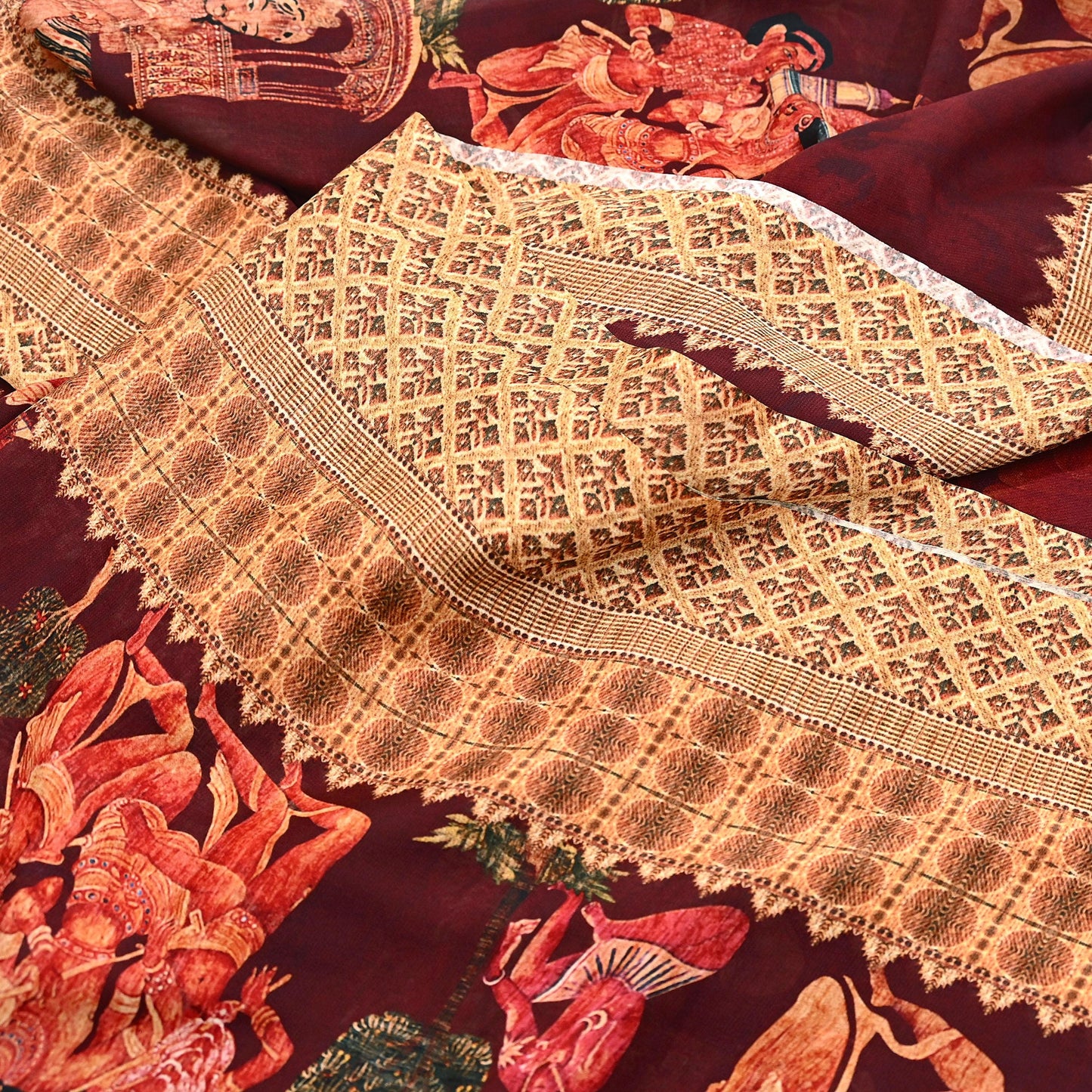 Vintage Sari Maroon Blend Georgette  Digital Printed Sarees Sewing 5yd Soft Craft Fabric Humans Crafting Dress Making Quilting Crafting Used