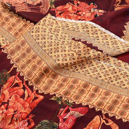 Vintage Sari Maroon Blend Georgette  Digital Printed Sarees Sewing 5yd Soft Craft Fabric Humans Crafting Dress Making Quilting Crafting Used