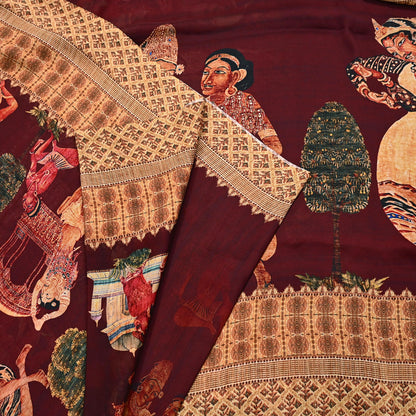 Vintage Sari Maroon Blend Georgette  Digital Printed Sarees Sewing 5yd Soft Craft Fabric Humans Crafting Dress Making Quilting Crafting Used