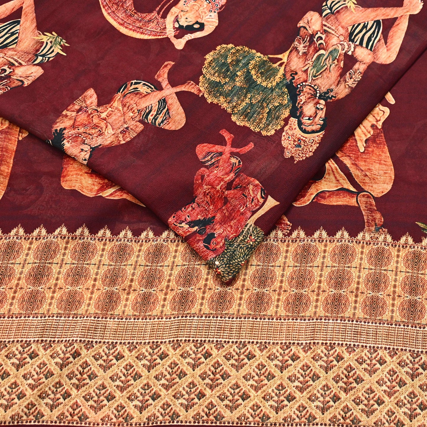 Vintage Sari Maroon Blend Georgette  Digital Printed Sarees Sewing 5yd Soft Craft Fabric Humans Crafting Dress Making Quilting Crafting Used