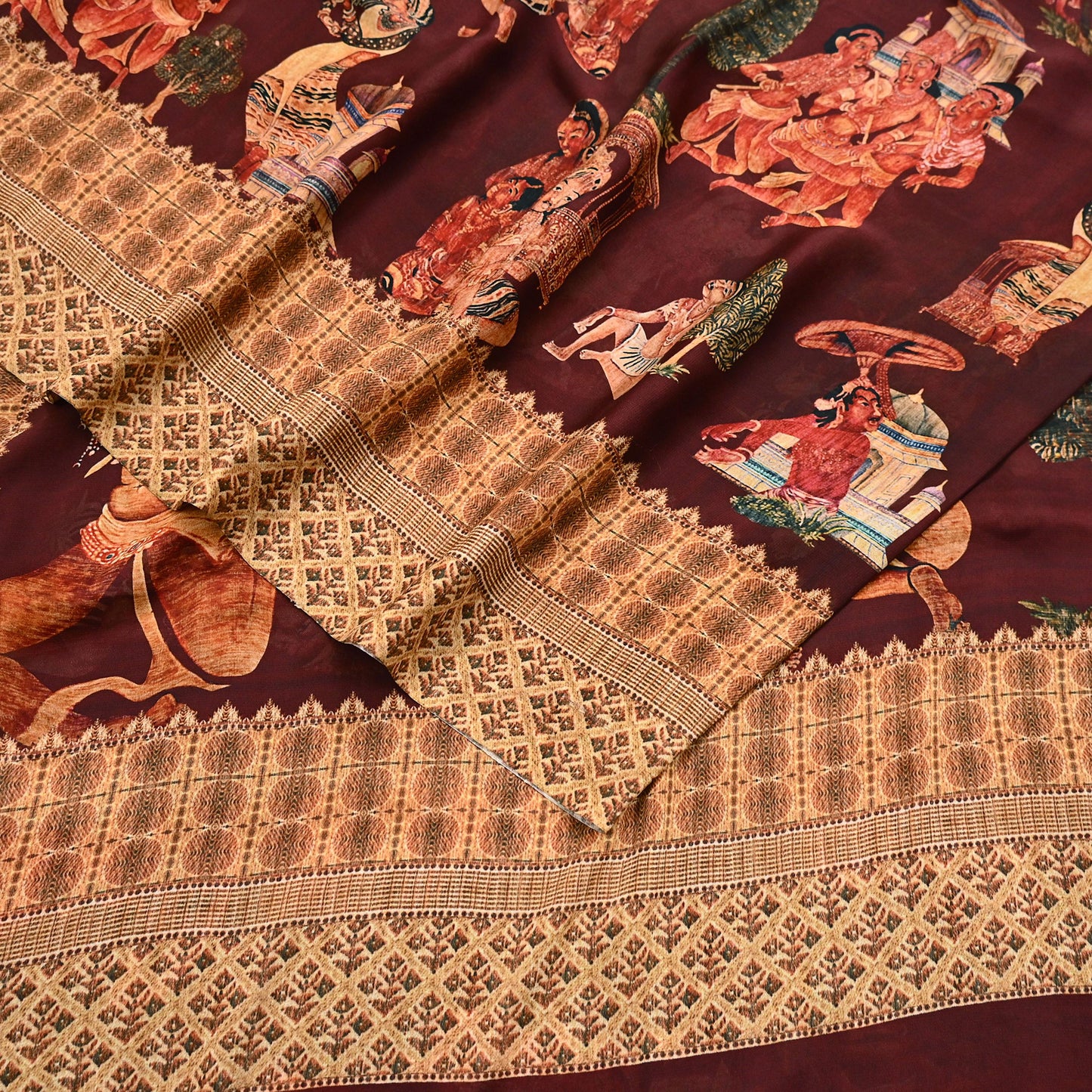 Vintage Sari Maroon Blend Georgette  Digital Printed Sarees Sewing 5yd Soft Craft Fabric Humans Crafting Dress Making Quilting Crafting Used