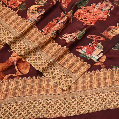Vintage Sari Maroon Blend Georgette  Digital Printed Sarees Sewing 5yd Soft Craft Fabric Humans Crafting Dress Making Quilting Crafting Used