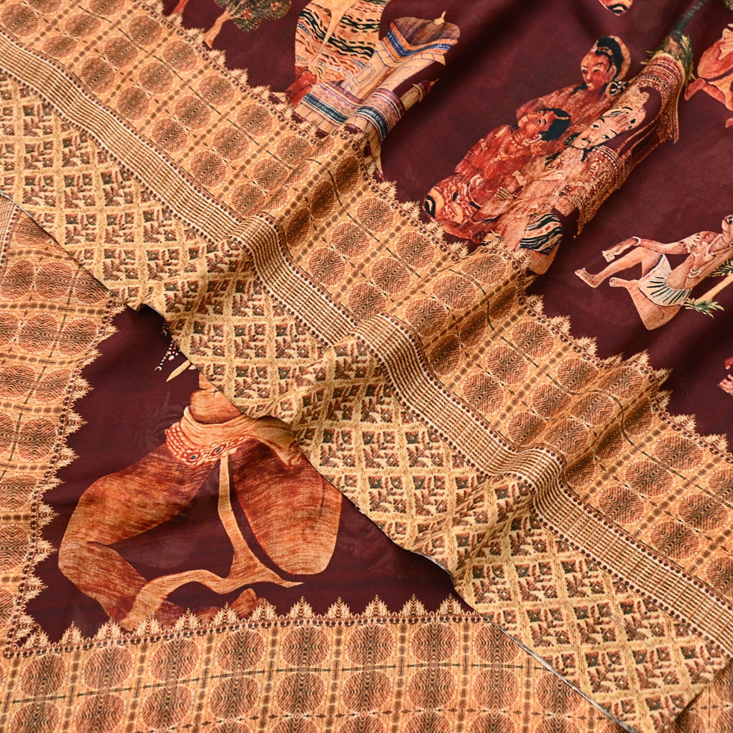 Vintage Sari Maroon Blend Georgette  Digital Printed Sarees Sewing 5yd Soft Craft Fabric Humans Crafting Dress Making Quilting Crafting Used