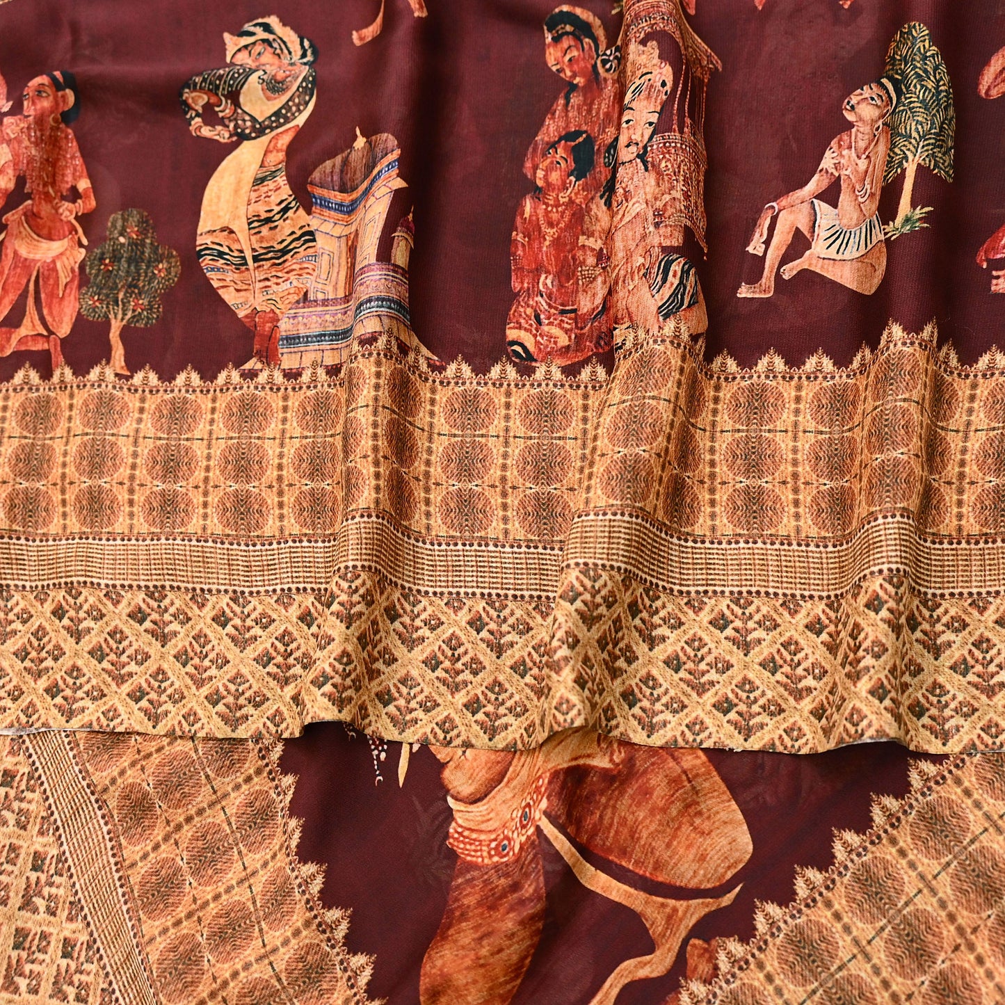 Vintage Sari Maroon Blend Georgette  Digital Printed Sarees Sewing 5yd Soft Craft Fabric Humans Crafting Dress Making Quilting Crafting Used