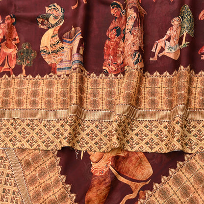 Vintage Sari Maroon Blend Georgette  Digital Printed Sarees Sewing 5yd Soft Craft Fabric Humans Crafting Dress Making Quilting Crafting Used