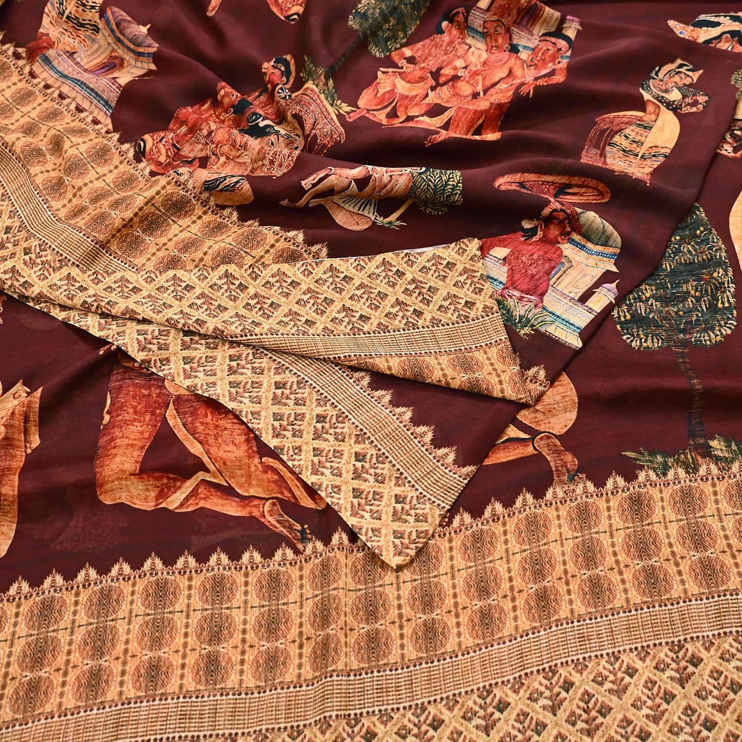 Vintage Sari Maroon Blend Georgette  Digital Printed Sarees Sewing 5yd Soft Craft Fabric Humans Crafting Dress Making Quilting Crafting Used