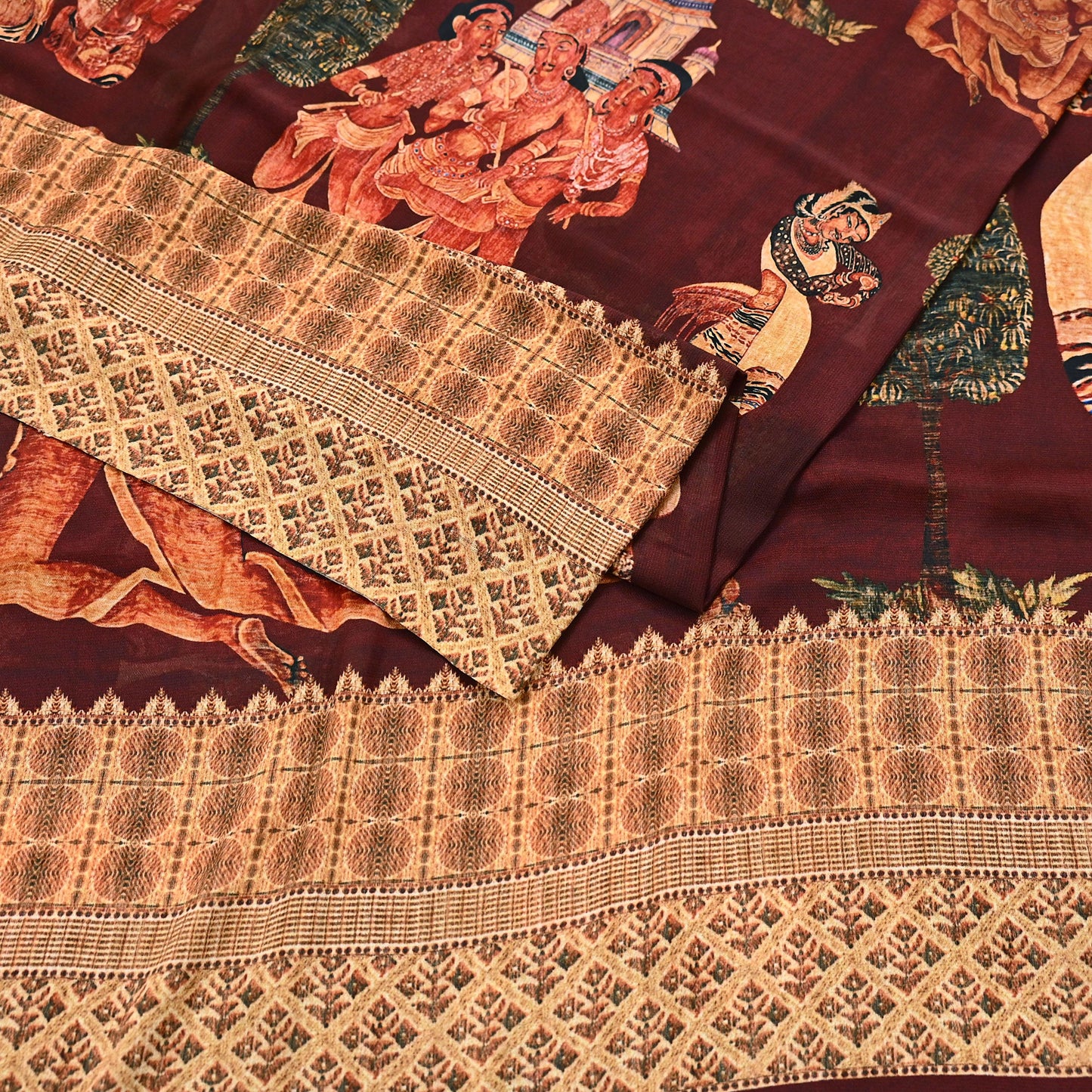 Vintage Sari Maroon Blend Georgette  Digital Printed Sarees Sewing 5yd Soft Craft Fabric Humans Crafting Dress Making Quilting Crafting Used