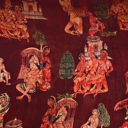 Vintage Sari Maroon Blend Georgette  Digital Printed Sarees Sewing 5yd Soft Craft Fabric Humans Crafting Dress Making Quilting Crafting Used