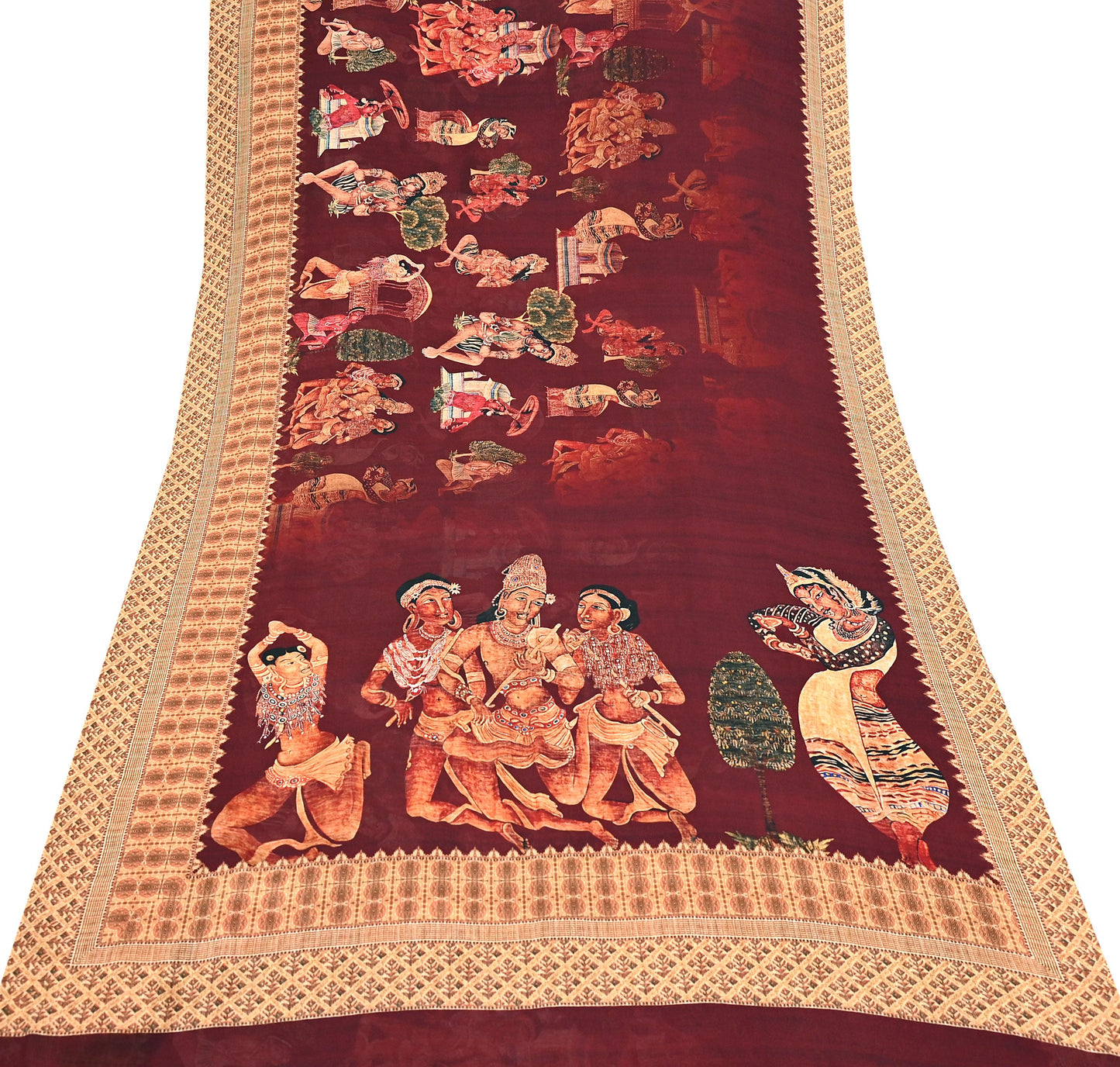 Vintage Sari Maroon Blend Georgette  Digital Printed Sarees Sewing 5yd Soft Craft Fabric Humans Crafting Dress Making Quilting Crafting Used