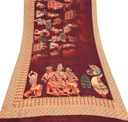 Vintage Sari Maroon Blend Georgette  Digital Printed Sarees Sewing 5yd Soft Craft Fabric Humans Crafting Dress Making Quilting Crafting Used