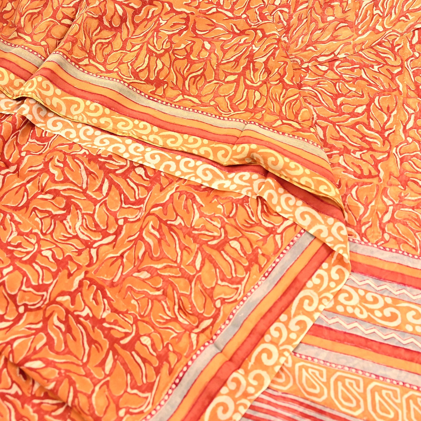 Indian Vintage Sari Orange & Saffron Pure Georgette Silk Printed Sarees 6Yd Craft Fabric Sewing Quilting Crafting Dress Making