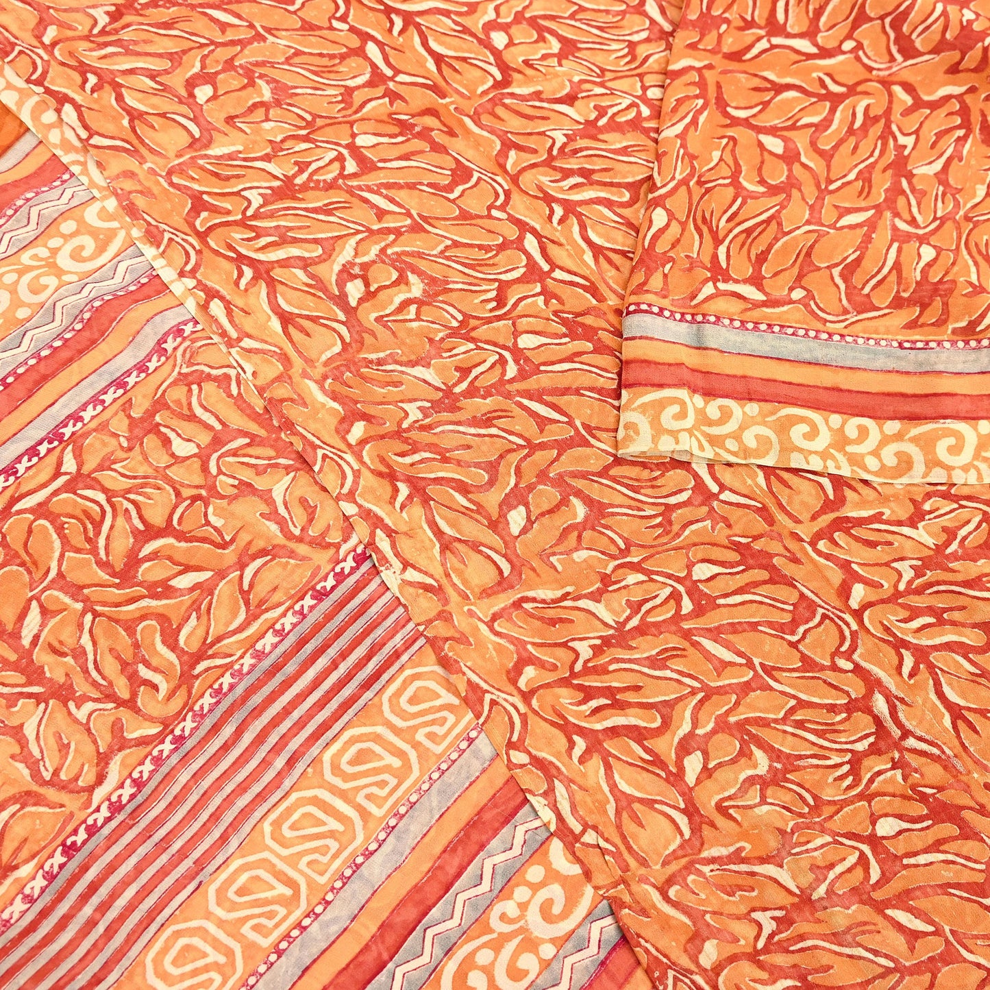 Indian Vintage Sari Orange & Saffron Pure Georgette Silk Printed Sarees 6Yd Craft Fabric Sewing Quilting Crafting Dress Making