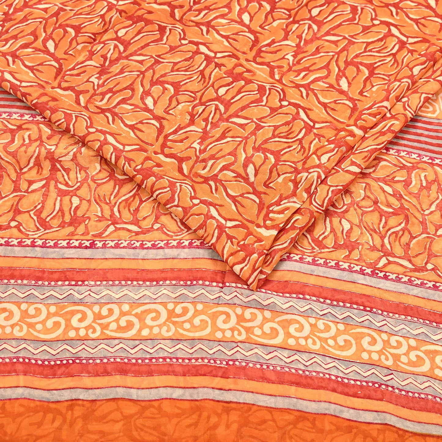 Indian Vintage Sari Orange & Saffron Pure Georgette Silk Printed Sarees 6Yd Craft Fabric Sewing Quilting Crafting Dress Making