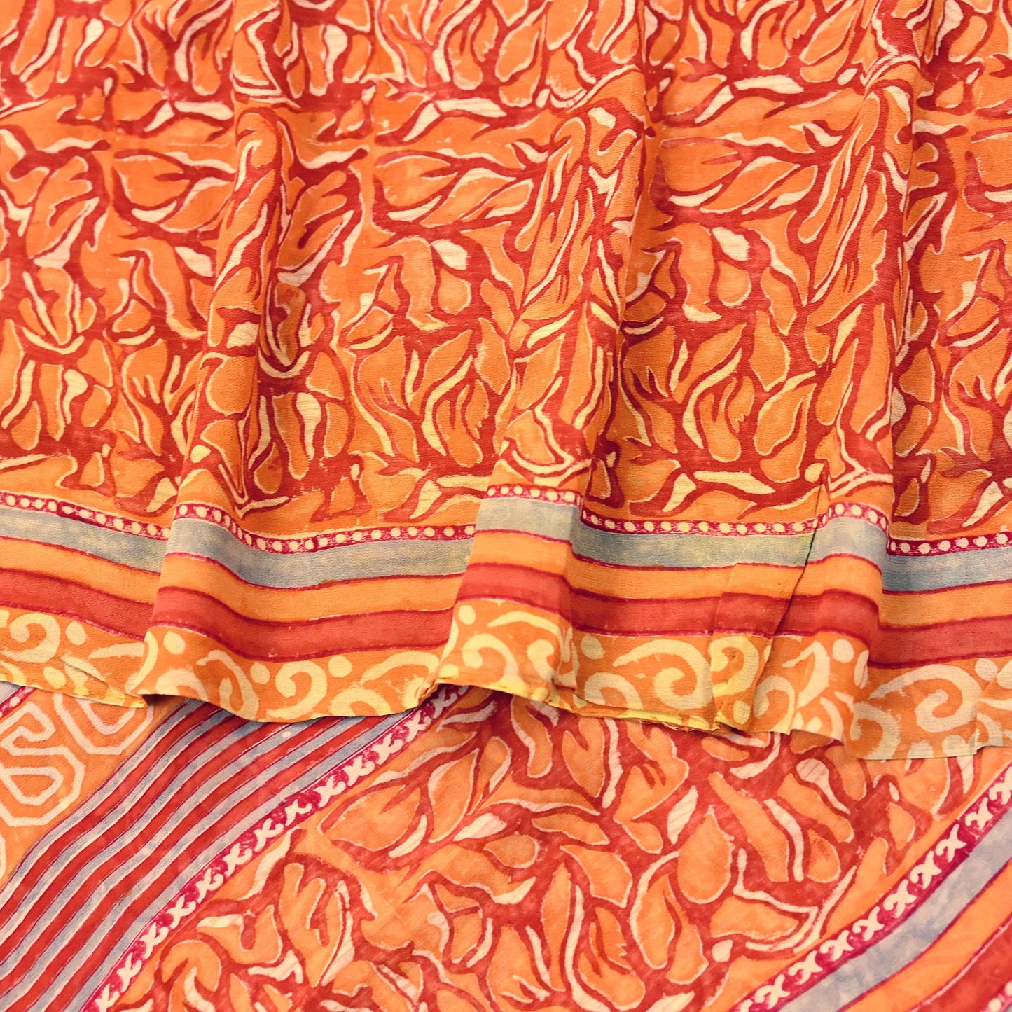 Indian Vintage Sari Orange & Saffron Pure Georgette Silk Printed Sarees 6Yd Craft Fabric Sewing Quilting Crafting Dress Making