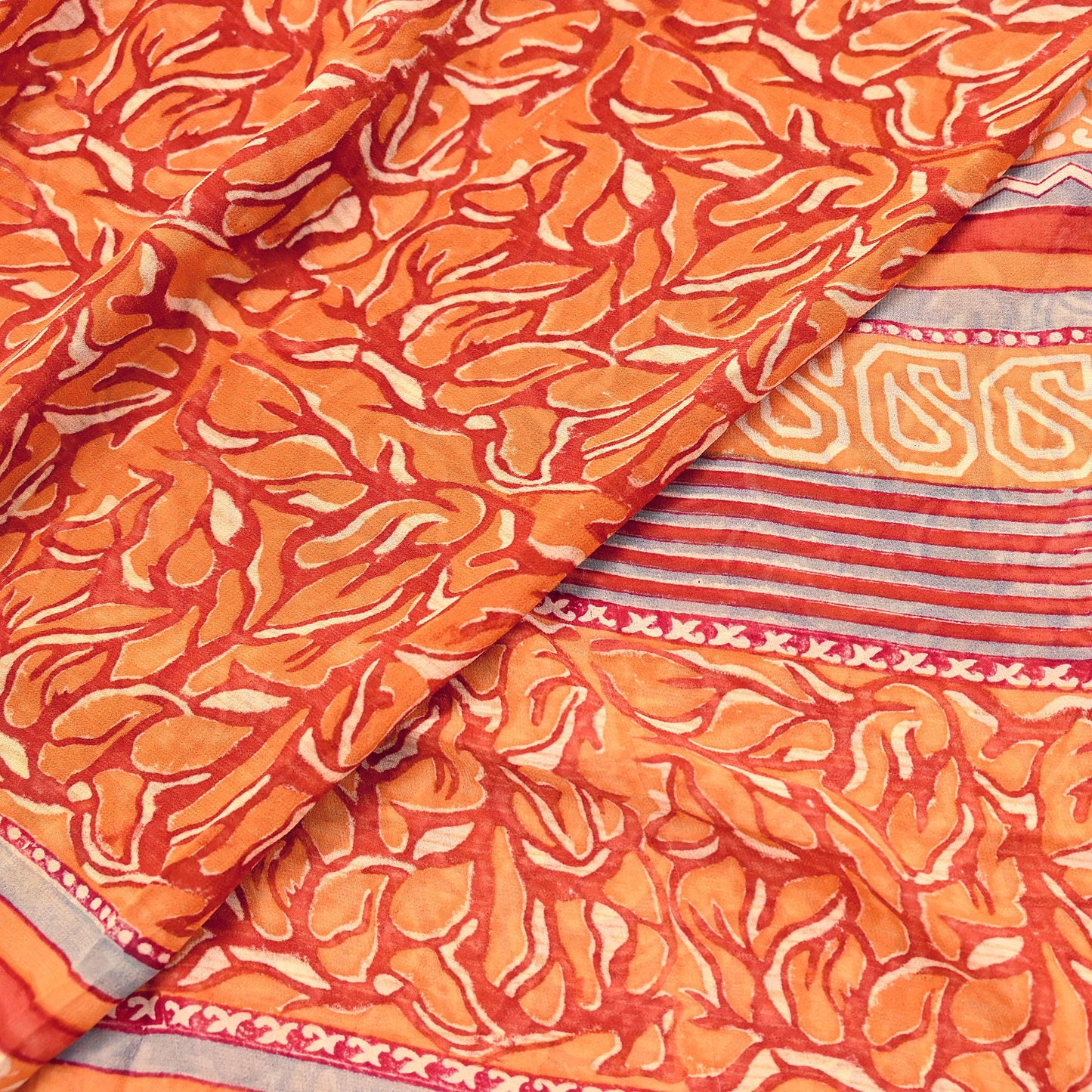 Indian Vintage Sari Orange & Saffron Pure Georgette Silk Printed Sarees 6Yd Craft Fabric Sewing Quilting Crafting Dress Making