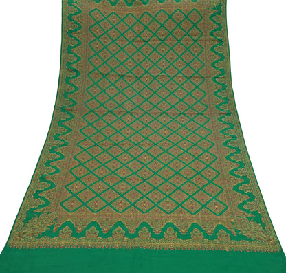 Indian Vintage Green Pure Woolen Shawl Handmade Woven Work Long Throw Stole Warm Paisley Design Soft