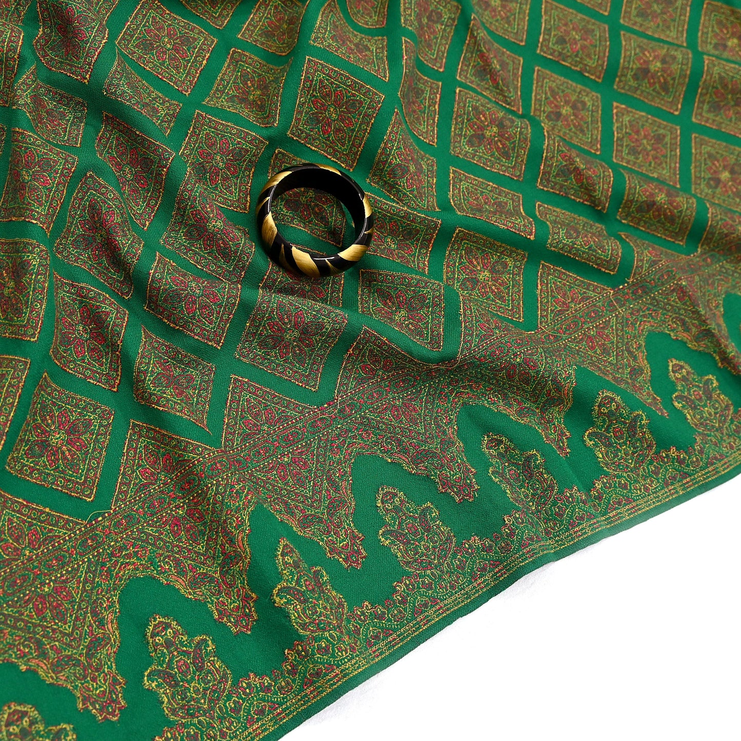 Indian Vintage Green Pure Woolen Shawl Handmade Woven Work Long Throw Stole Warm Paisley Design Soft