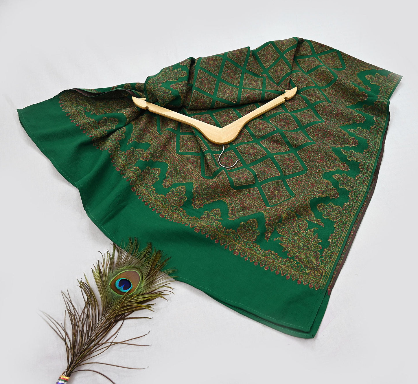 Indian Vintage Green Pure Woolen Shawl Handmade Woven Work Long Throw Stole Warm Paisley Design Soft