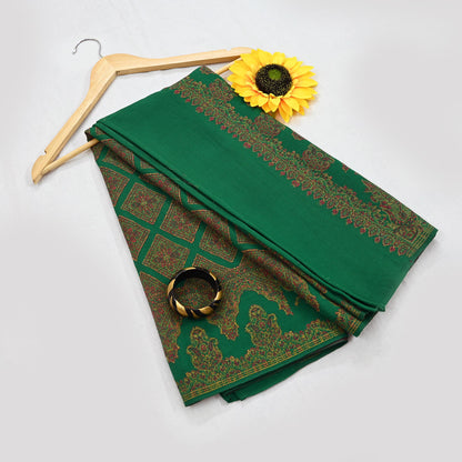 Indian Vintage Green Pure Woolen Shawl Handmade Woven Work Long Throw Stole Warm Paisley Design Soft