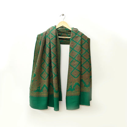 Indian Vintage Green Pure Woolen Shawl Handmade Woven Work Long Throw Stole Warm Paisley Design Soft