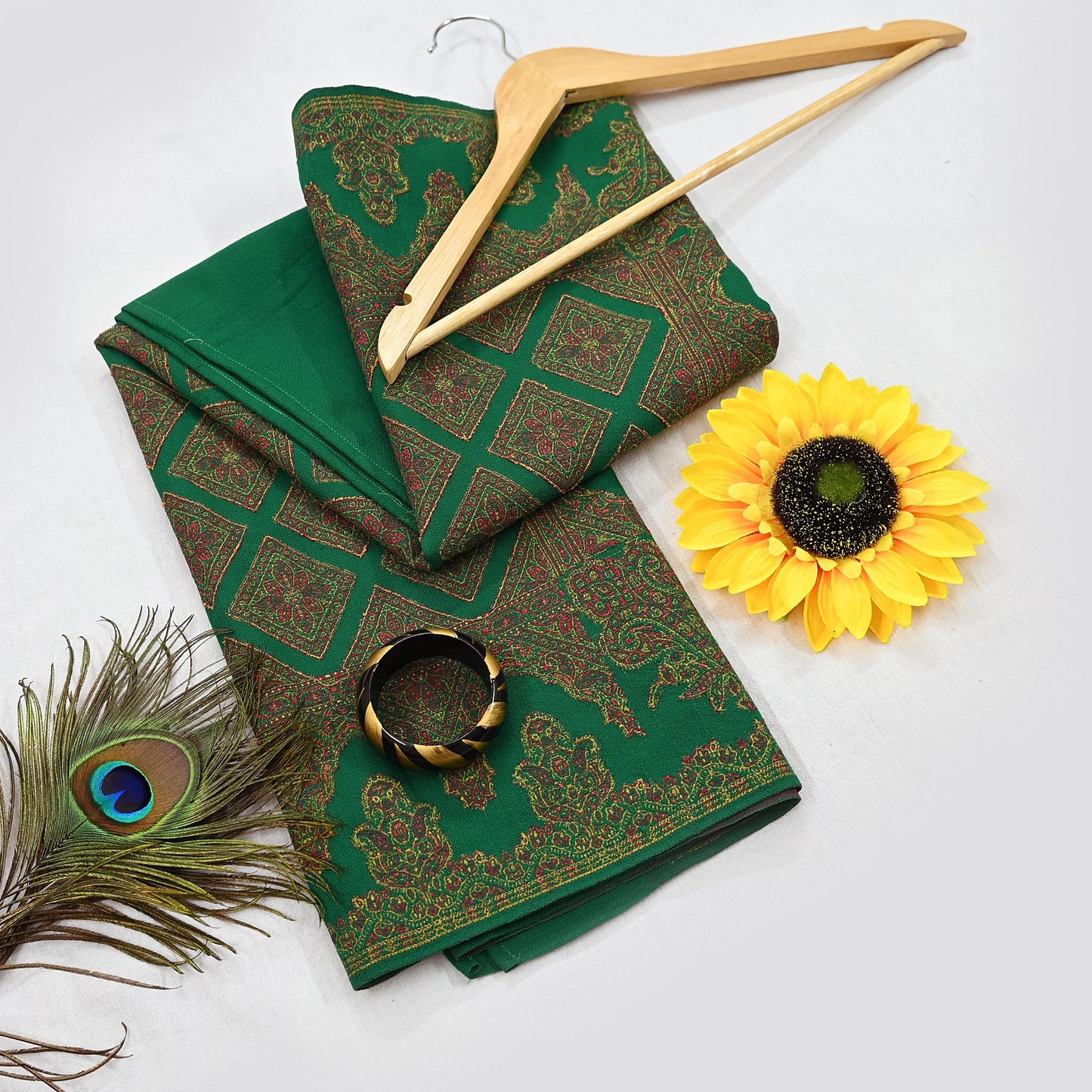 Indian Vintage Green Pure Woolen Shawl Handmade Woven Work Long Throw Stole Warm Paisley Design Soft