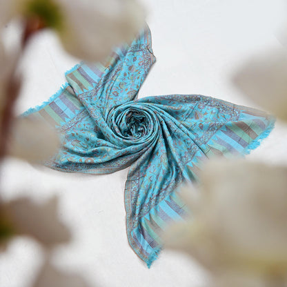 Vintage Blue Viscose Stole Handmade Woven Long Throw Stole Warm Floral Design Fringes