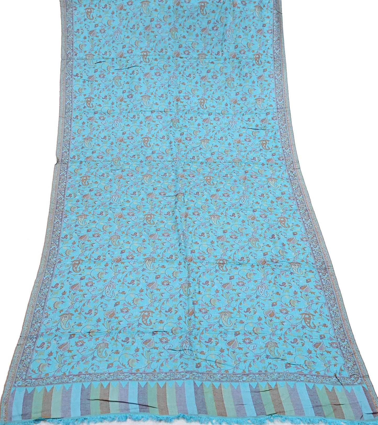 Vintage Blue Viscose Stole Handmade Woven Long Throw Stole Warm Floral Design Fringes