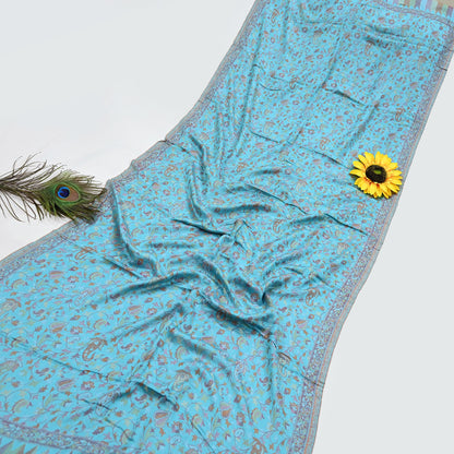 Vintage Blue Viscose Stole Handmade Woven Long Throw Stole Warm Floral Design Fringes