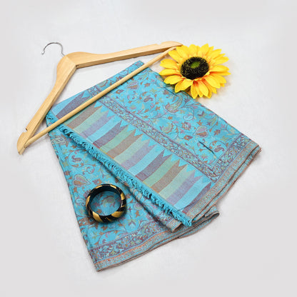 Vintage Blue Viscose Stole Handmade Woven Long Throw Stole Warm Floral Design Fringes