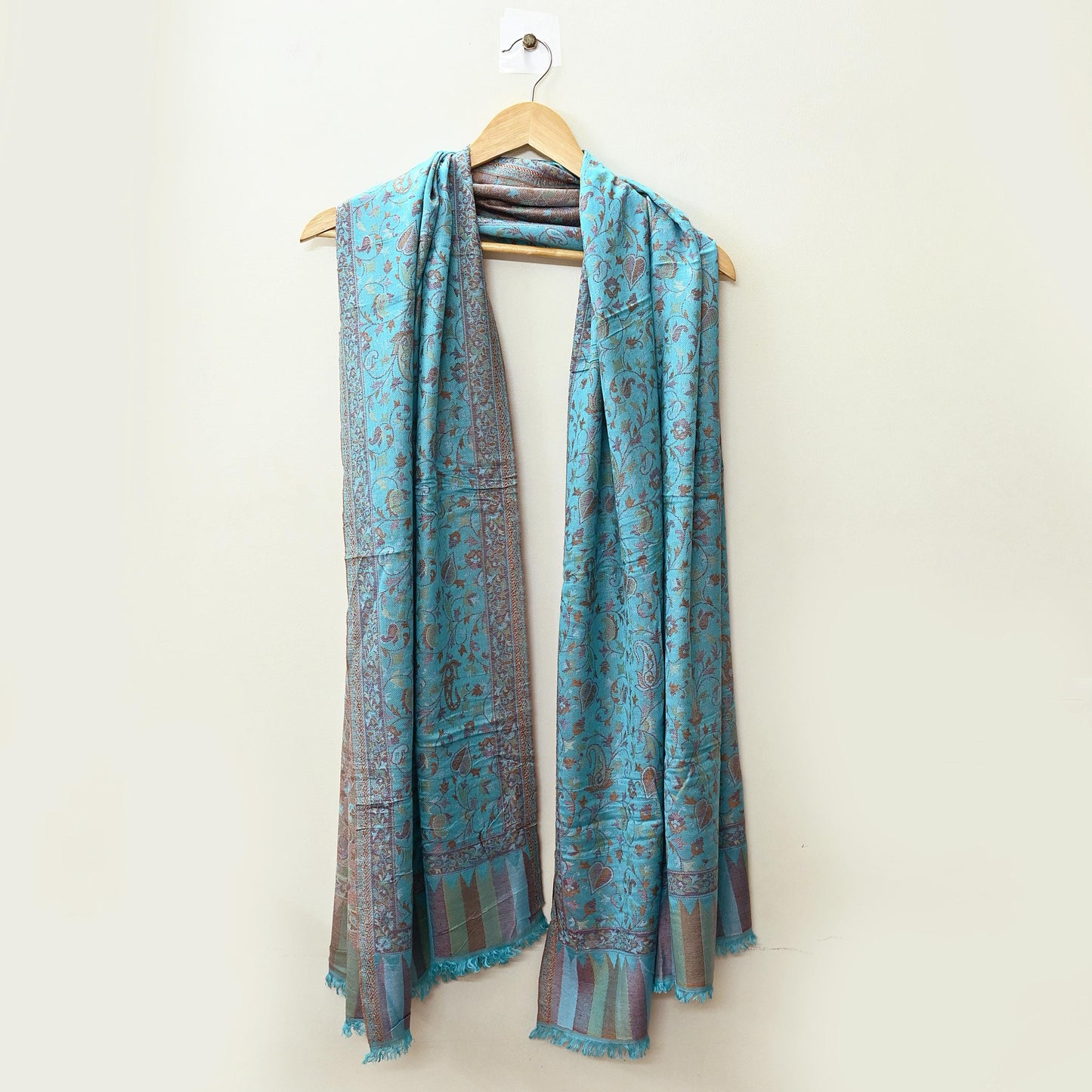 Vintage Blue Viscose Stole Handmade Woven Long Throw Stole Warm Floral Design Fringes